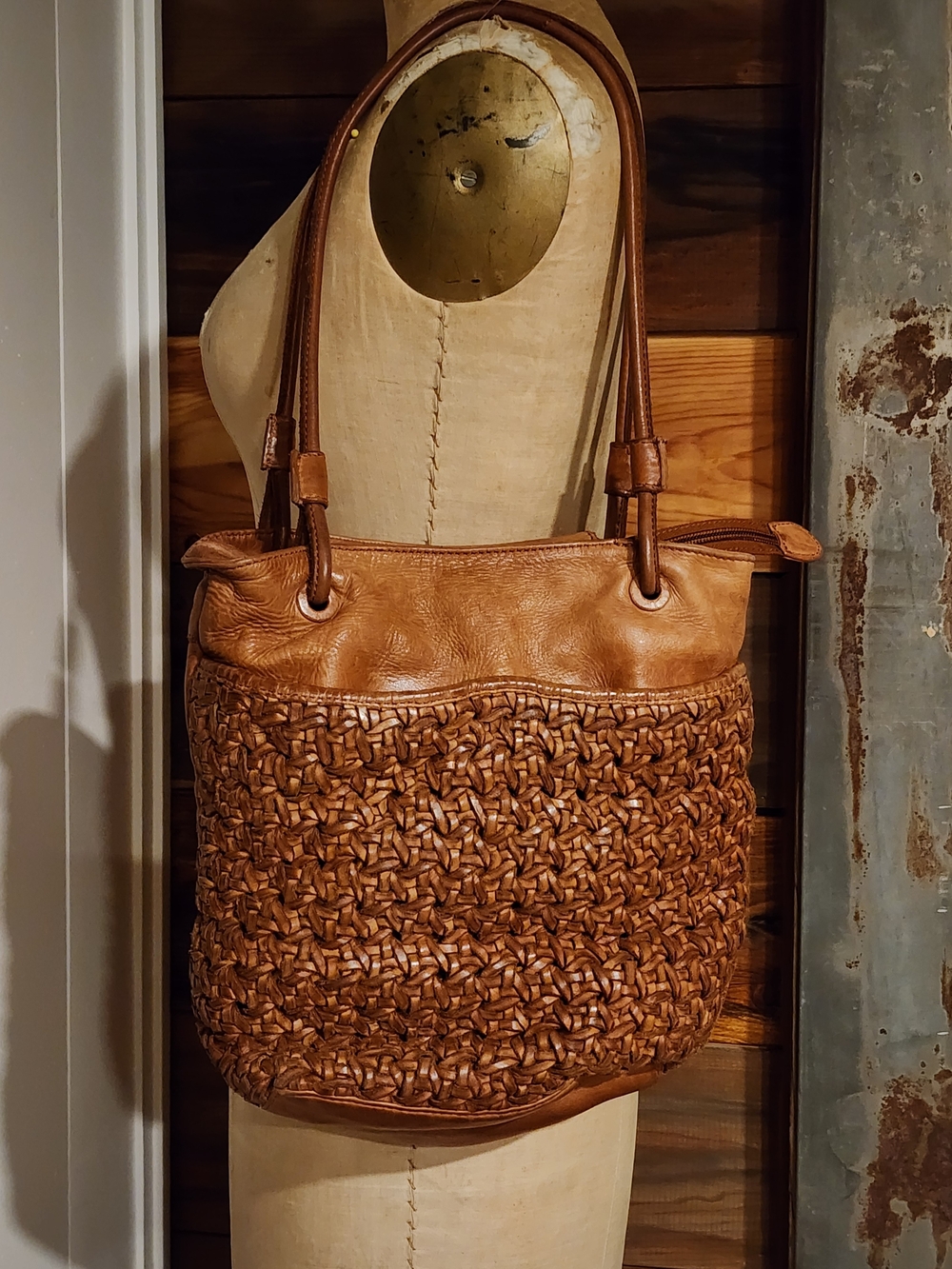 Latico Woven Leather Shoulder Bag - Cognac